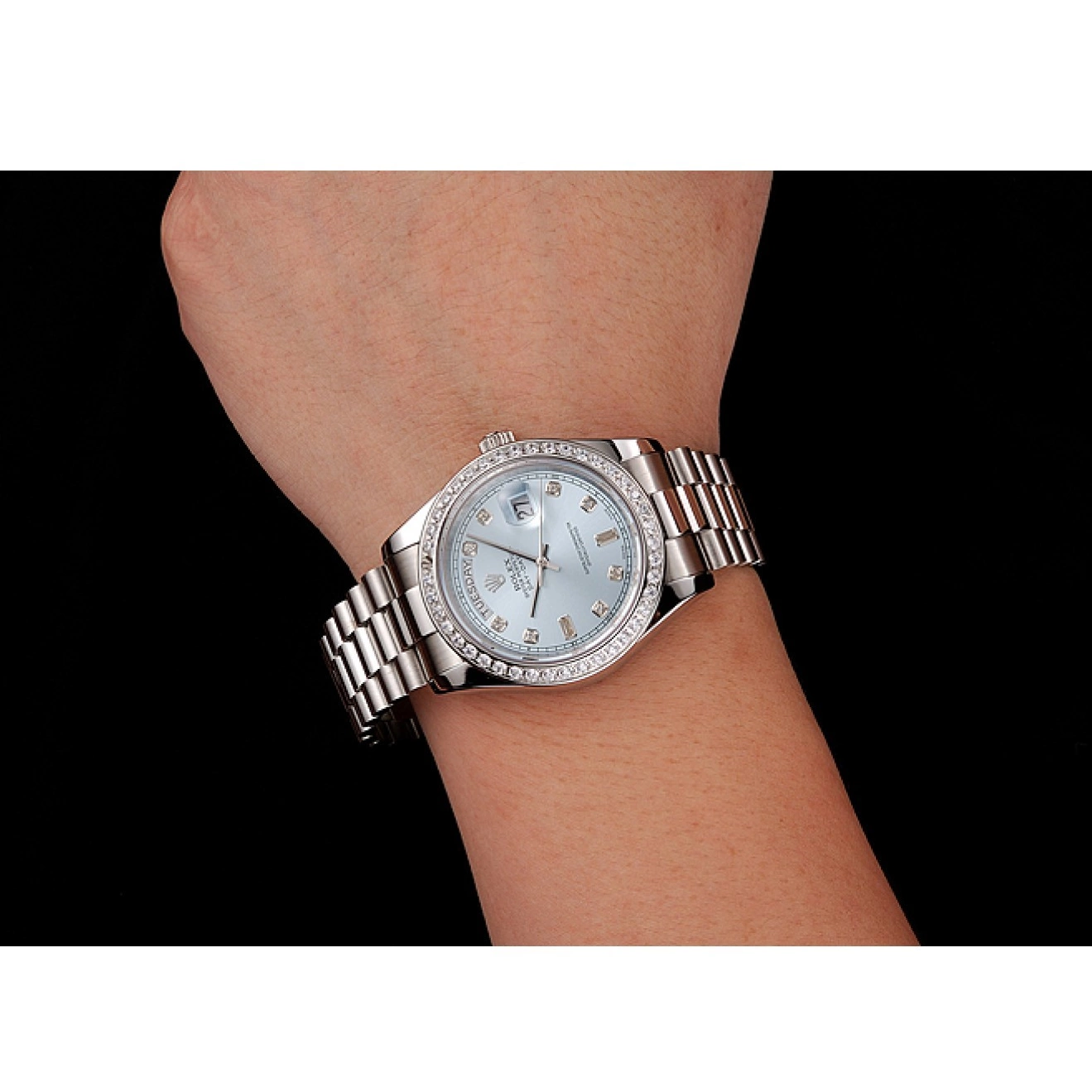 Rolex aaa copy Numerals Day-Date Diamond Diamond Blue Case Dial Stainless Bracelet Rolex Swiss Ice 1453963 Steel 0727